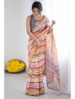 GLOBON IMPEX - Orange Printed With Scalloped Embellished Border Saree with Unstitched Blouse