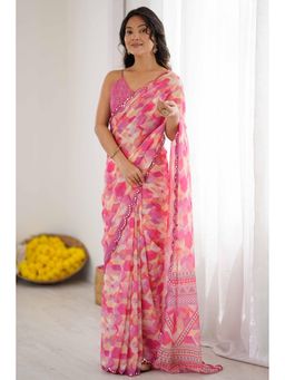 GLOBON IMPEX - Pink Geometric Printed Scalloped Embellished Border Saree with Unstitched Blouse