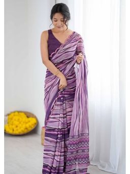 GLOBON IMPEX - Purple Stripes Printed Scalloped Embellished Border Saree with Unstitched Blouse