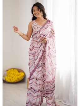 GLOBON IMPEX - White Printed Saree with Unstitched Blouse
