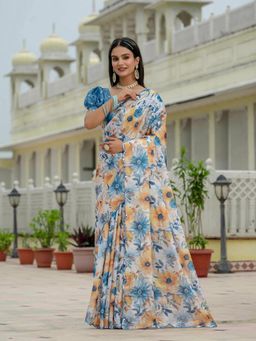 GLOBON IMPEX - Blue Pre-Draped Saree with Unstitched Blouse