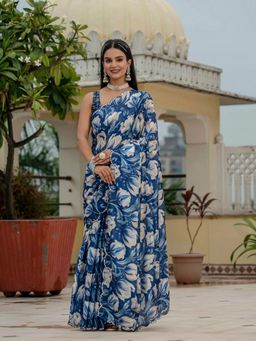GLOBON IMPEX - Blue Floral Printed Ready To Wear Scalloped Border Saree with Unstitched Blouse