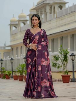 GLOBON IMPEX - Wine Pre-Draped Saree with Unstitched Blouse