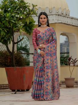 GLOBON IMPEX - Pink Floral Printed Scalloped Border Ready To Wear Saree with Unstitched Blouse