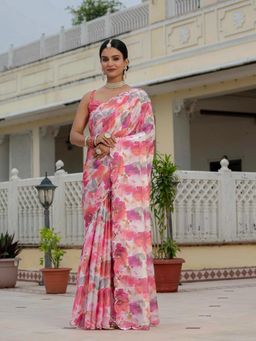 GLOBON IMPEX - Pink Floral Printed Ready To Wear Saree with Unstitched Blouse