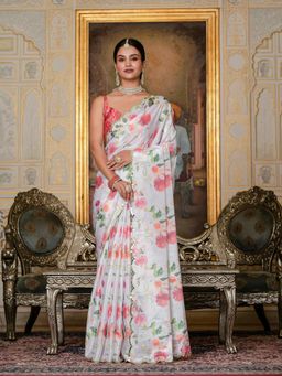 GLOBON IMPEX - White Pre-Draped Saree with Unstitched Blouse