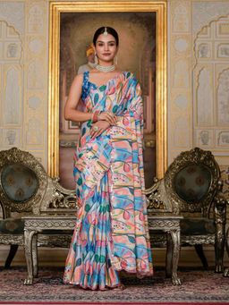 GLOBON IMPEX - Blue Floral Printed Ready To Wear Scalloped Border Saree with Unstitched Blouse
