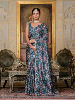 GLOBON IMPEX - Teal Pre-Draped Saree with Unstitched Blouse