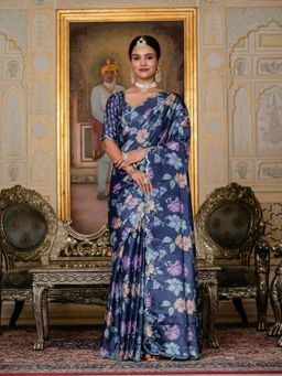 GLOBON IMPEX - Navy Blue Floral Printed Ready To Wear Scalloped Border Saree with Unstitched Blouse