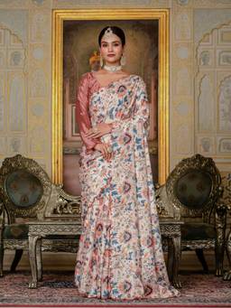 GLOBON IMPEX - Off White Floral Printed Ready To Wear Scalloped Border Saree with Unstitched Blouse