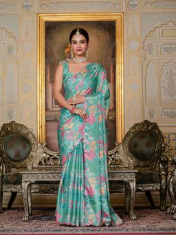 GLOBON IMPEX - Teal Pre-Draped Saree with Unstitched Blouse