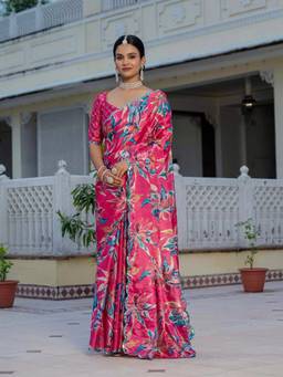 GLOBON IMPEX - Pink Floral Printed Ready To Wear Saree with Unstitched Blouse