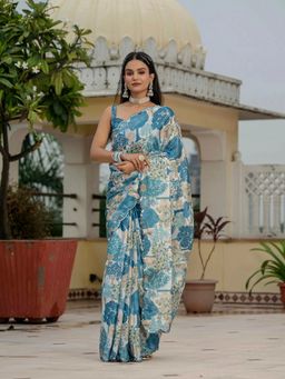 GLOBON IMPEX - Blue Floral Printed Ready To Wear With Scalloped Border Saree with Unstitched Blouse