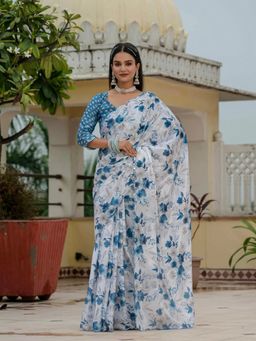 GLOBON IMPEX - Blue Pre-Draped Saree with Unstitched Blouse