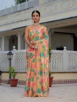 GLOBON IMPEX - Mustard Floral Printed Ready To Wear Scalloped Border Saree with Unstitched Blouse