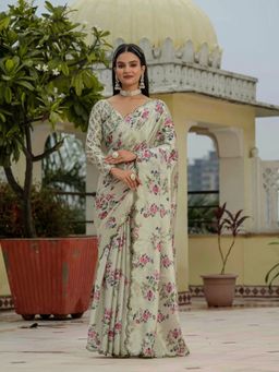 GLOBON IMPEX - Green Floral Printed Ready To Wear Scalloped Border Saree with Unstitched Blouse