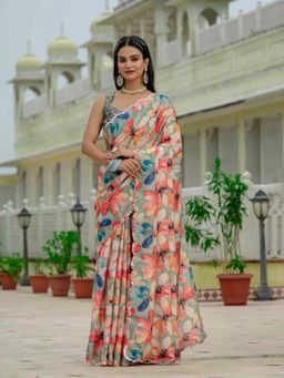 GLOBON IMPEX - Multicolor Floral Ready To Wear Scalloped Border Saree with Unstitched Blouse
