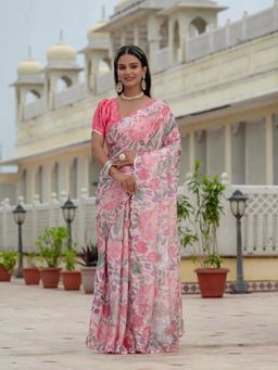 GLOBON IMPEX - Pink Floral Printed Ready To Wear Scalloped Border Saree with Unstitched Blouse