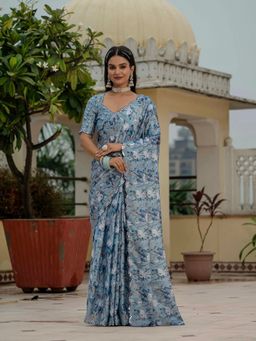 GLOBON IMPEX - Blue Floral Printed Ready To Wear With Scalloped Border Saree with Unstitched Blouse
