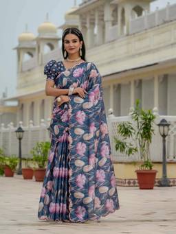 GLOBON IMPEX - Blue Floral Printed Ready To Wear With Scalloped Border Saree with Unstitched Blouse