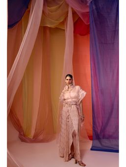 SHIAN - Peach Blush Rufffle Sleeve Wrap Around Jacket with Embrodiered Skirt & Bustier