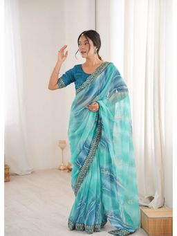 GLOBON IMPEX - Blue Embellished Saree with Unstitched Blouse