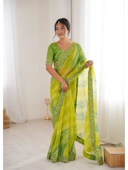 GLOBON IMPEX - Mehendi Green Georgette Chiffon With Embroidered Border Saree with Unstitched Blouse