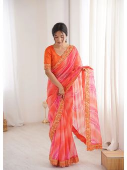 GLOBON IMPEX - Orange Georgette Chiffon With Gold Embroidered Border Saree with Unstitched Blouse