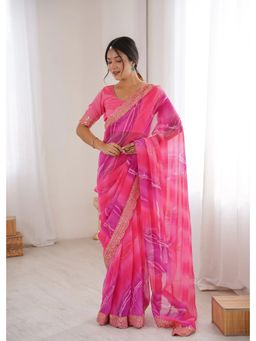GLOBON IMPEX - Pink Georgette Chiffon With Gold Embroidered Border Saree with Unstitched Blouse