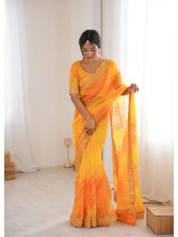GLOBON IMPEX - Yellow Embellished Saree with Unstitched Blouse