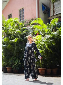 DIMPLE DESIGN STUDIO - Black Printed Cotton Kurta with Farshi Salwar