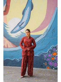 DIMPLE DESIGN STUDIO - Maroon Printed Cotton Kurta with Farshi Salwar