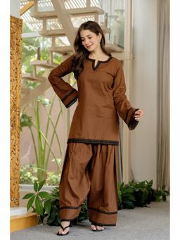 DIMPLE DESIGN STUDIO - Dark Brown Cotton Kurta with Farshi Salwar