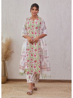Tara-C-Tara - White Hand Block Printed Kurta With Pant And Dupatta