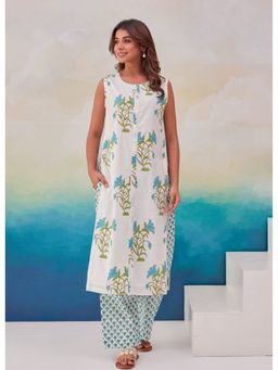 Tara-C-Tara - White Hand Block Printed Kurta With Palazzo
