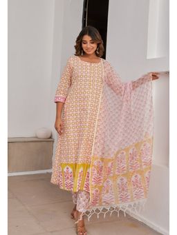 Tara-C-Tara - Yellow Abstract Hand Block Printed Kurta With Pant And Dupatta