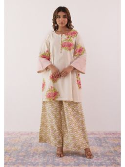 Tara-C-Tara - Ivory Hand Block Printed Chanderi Kurta and Palazzo
