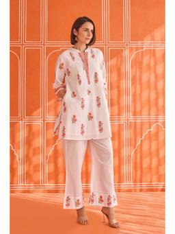 Tara-C-Tara - White Floral Hand Block Print Co-Ord Set