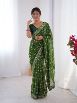 GLOBON IMPEX - Green Printed Georgette Gold Embroidered Border Saree with Unstitched Blouse