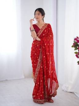 GLOBON IMPEX - Red Printed Georgette Gold Embroidered Border Saree with Unstitched Blouse