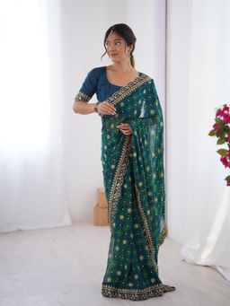 GLOBON IMPEX - Teal Embellished Saree with Unstitched Blouse