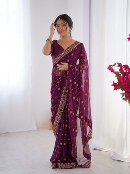 GLOBON IMPEX - Wine Embellished Saree with Unstitched Blouse