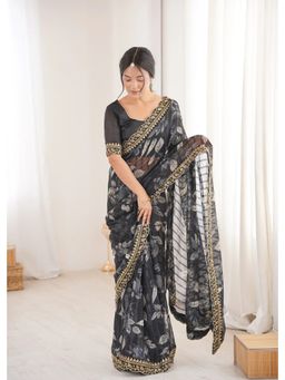 GLOBON IMPEX - Black Printed Georgette With Gold Embroidered Border Saree with Unstitched Blouse