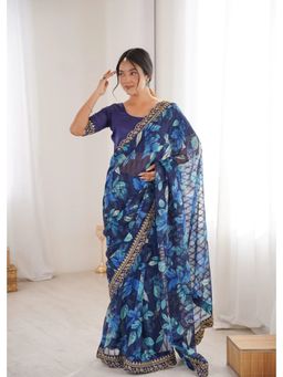 GLOBON IMPEX - Blue Printed Georgette With Gold Embroidered Border Saree with Unstitched Blouse