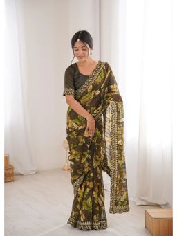 GLOBON IMPEX - Mehendi Green Printed Georgette With Embroidered Border Saree with Unstitched Blouse