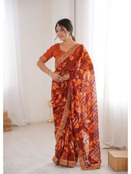 GLOBON IMPEX - Orange Floral Printed Georgette With Embroidered Border Saree with Unstitched Blouse