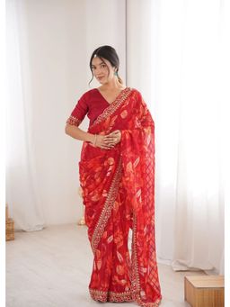 GLOBON IMPEX - Red Floral Printed Georgette Embroidered Border Saree with Unstitched Blouse