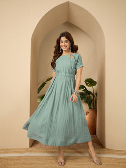 InWeave - Sea Blue Side Keyhole Neck Midi Dress