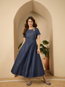 InWeave - Blue Denim Side Keyhole Neck Midi Dress