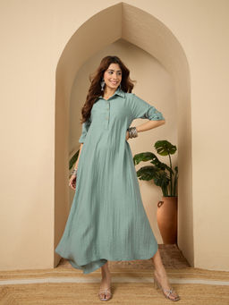 InWeave - Sea Blue Shirt Collar Maxi Dress